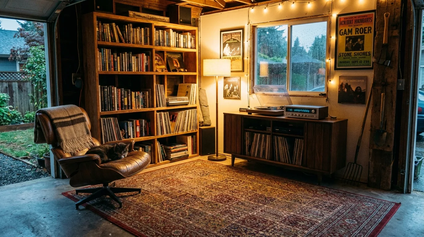 Modern garage gym with mirrors, weights, bench, rubber flooring, and organized storage