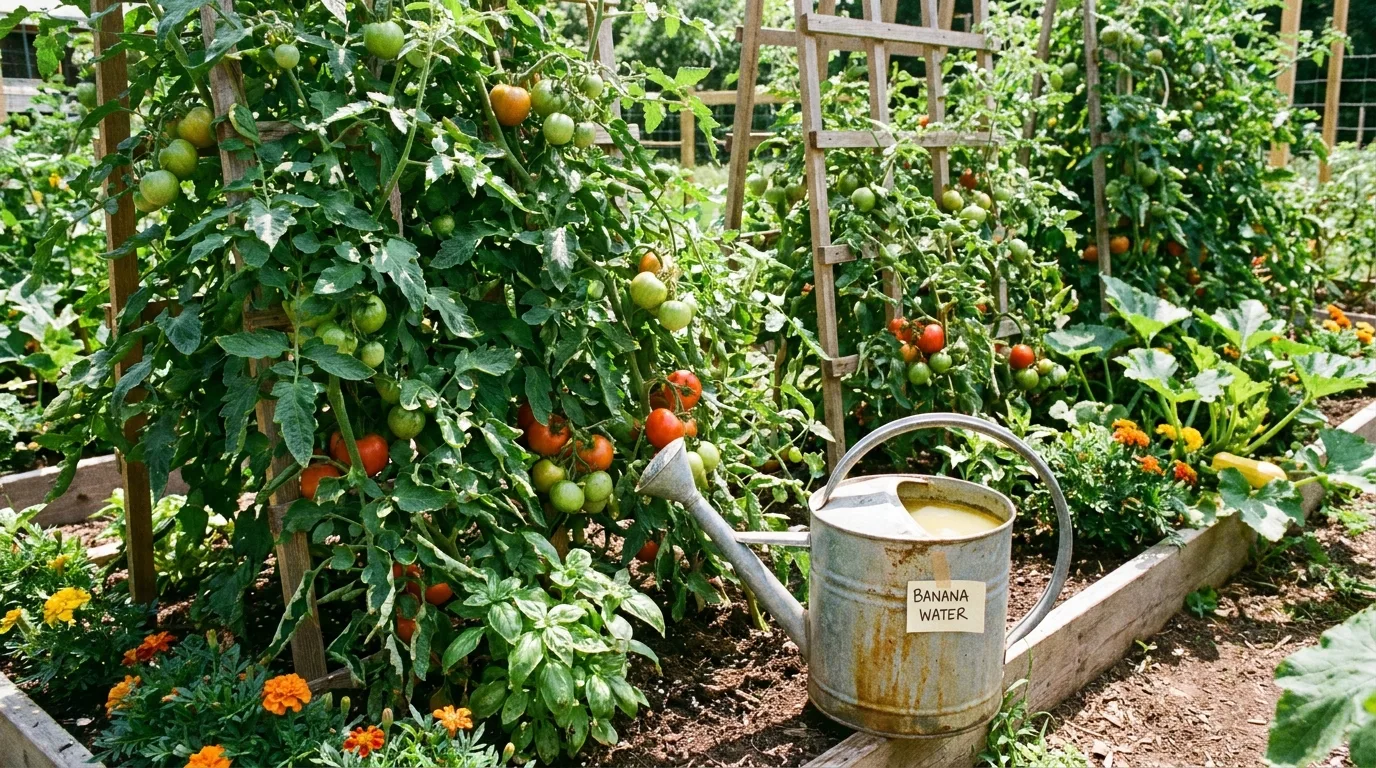 Banana water used around healthy rose plants