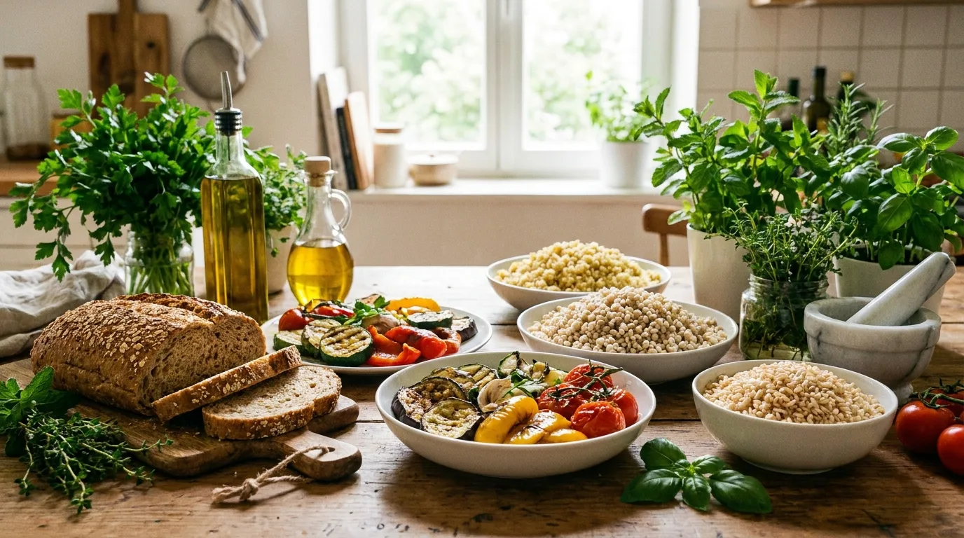 Simple Mediterranean protein choices including chicken, fish, eggs, and chickpeas