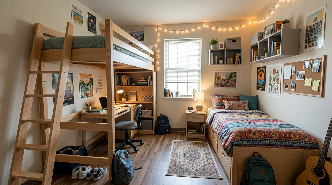 Twin beds with built-in drawers maximizing storage in a small bedroom