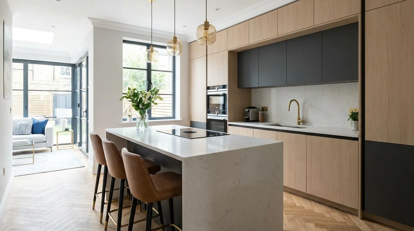Compact kitchen with a practical peninsula countertop