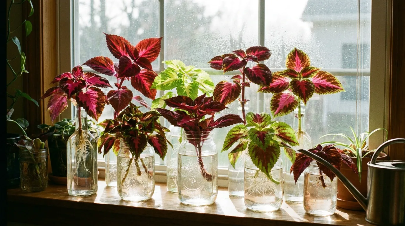 Mint stems growing roots in water on a kitchen windowsill