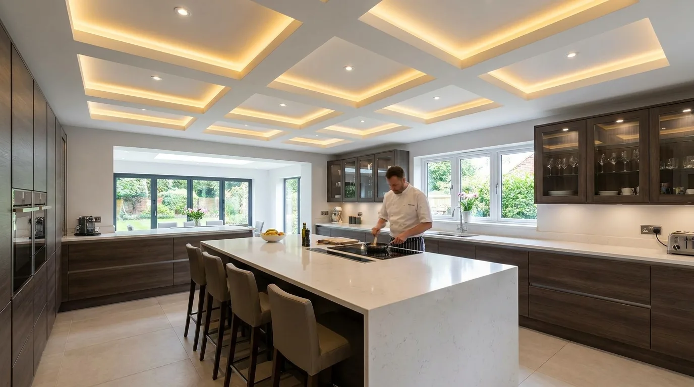 Black and white kitchen with a contrasting false ceiling