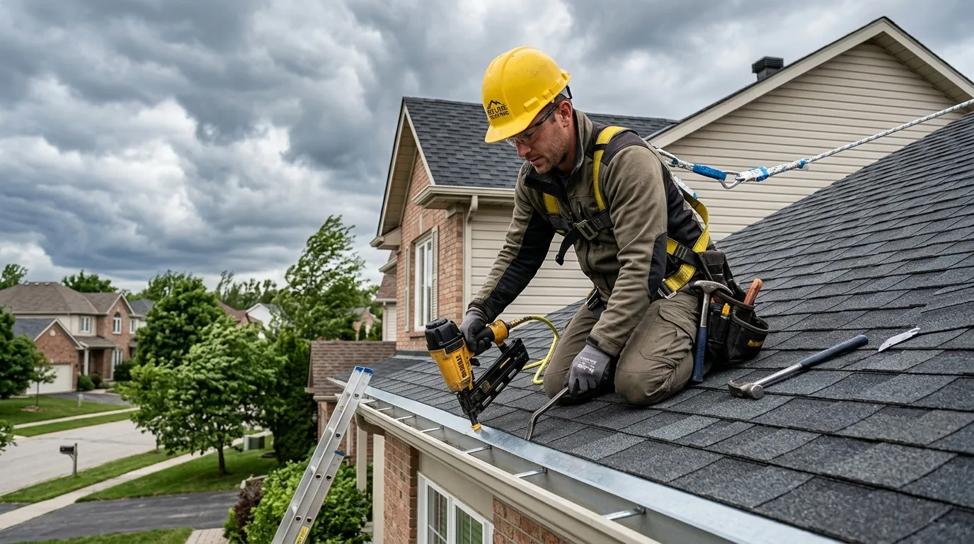 Residential roof and gutters handling heavy rainfall