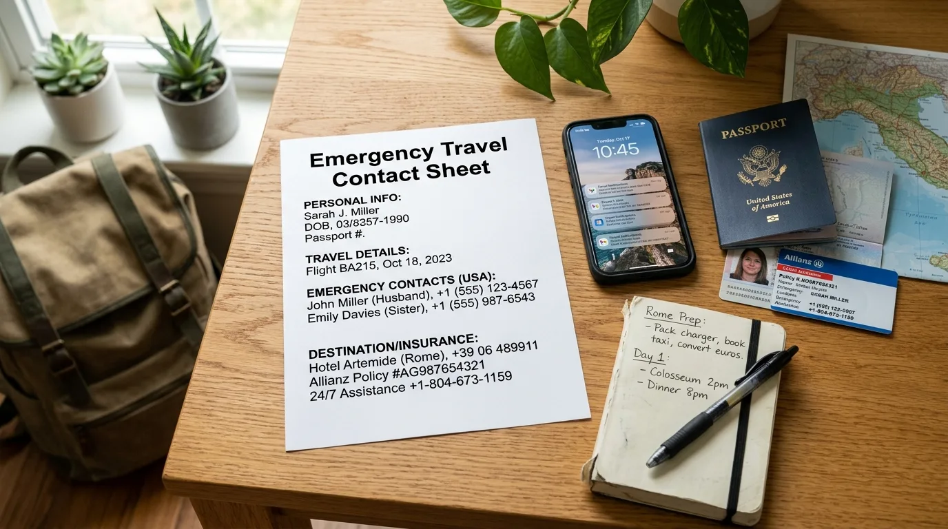 International travel itinerary with flights and accommodation