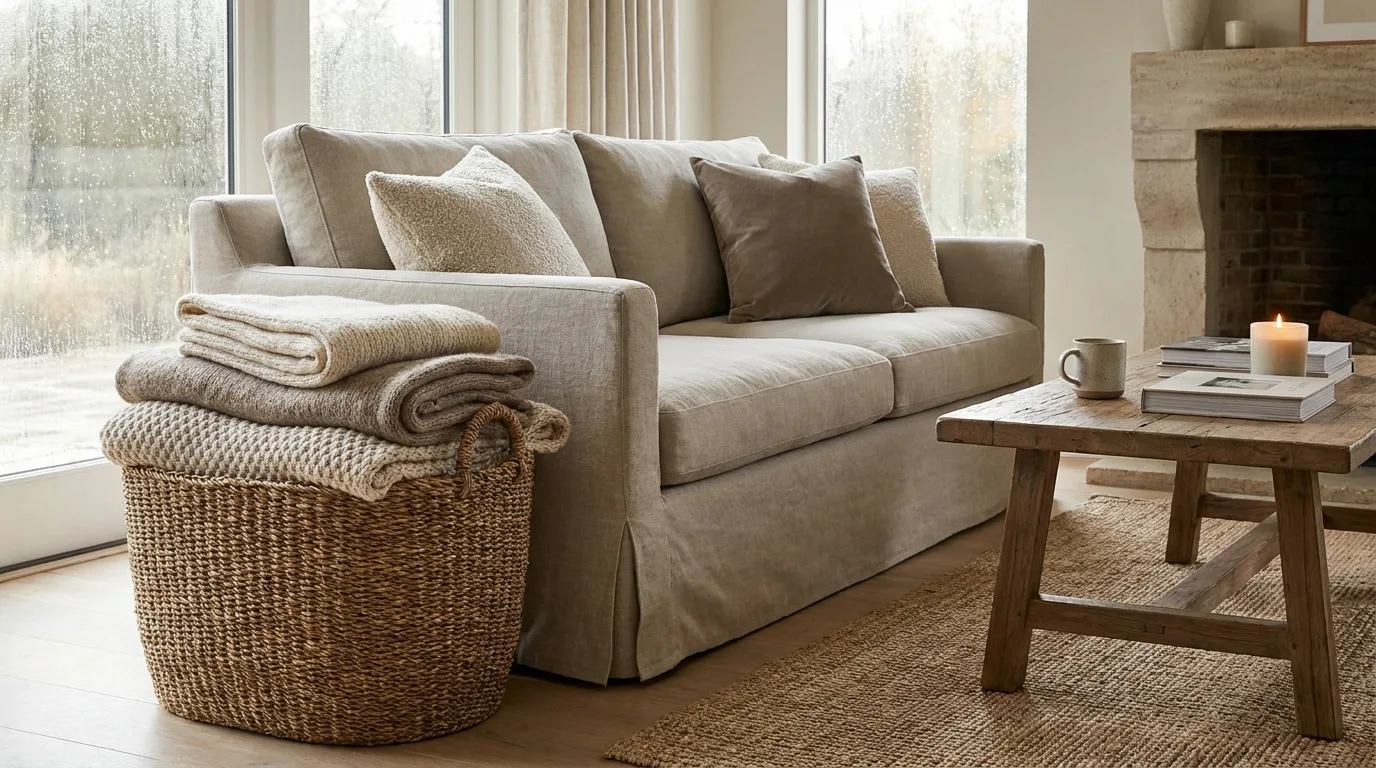Living room blanket storage basket beside a sofa