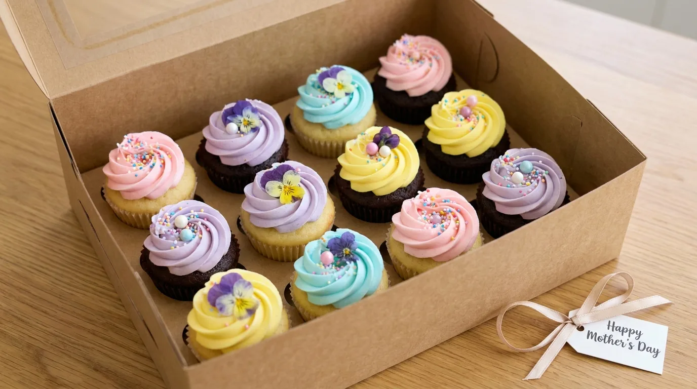 Flower-shaped shortbread cookies in a Mother’s Day box