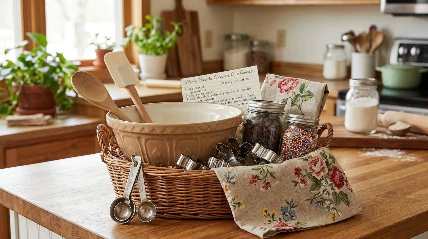 Creative Mother’s Day craft basket with paints, sketchbook, yarn, embroidery supplies, and craft tools