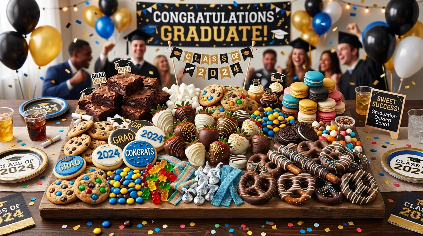 Graduation dessert board arranged into large numbers using cookies, brownies, fruit, chocolate, and candy