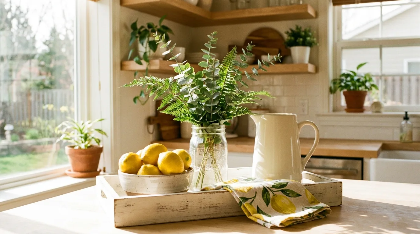 Natural rattan spring tray with greenery, ceramic vase, and neutral textures