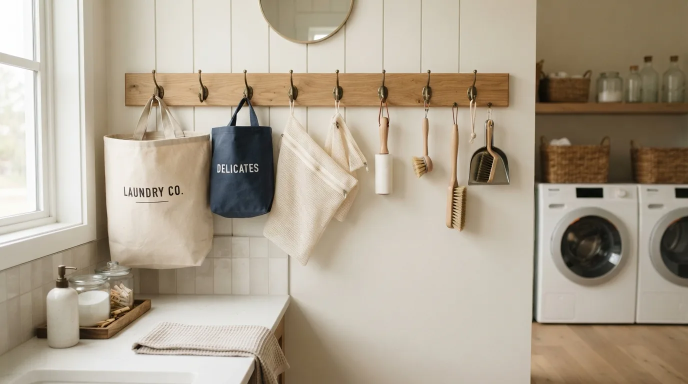 Wall hooks organizing everyday laundry tools
