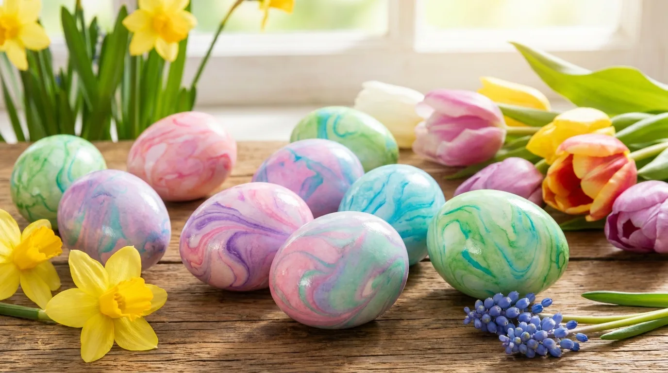 Easter eggs decorated with colorful pastel sprinkles