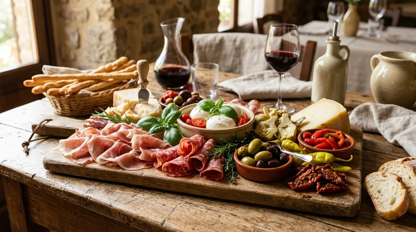 Mediterranean grazing board with hummus, feta, vegetables, olives, pita, and fruit