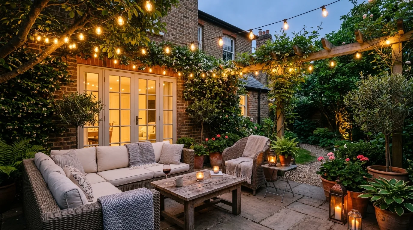 Small backyard dining nook with compact table, folding chairs, outdoor runner, herbs, and lantern