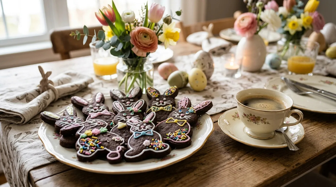 Lemon-glazed Easter cookies with pastel sprinkles and delicate edible flowers