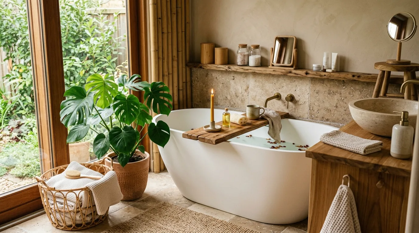 Compact potted plants arranged along a bright bathroom window ledge