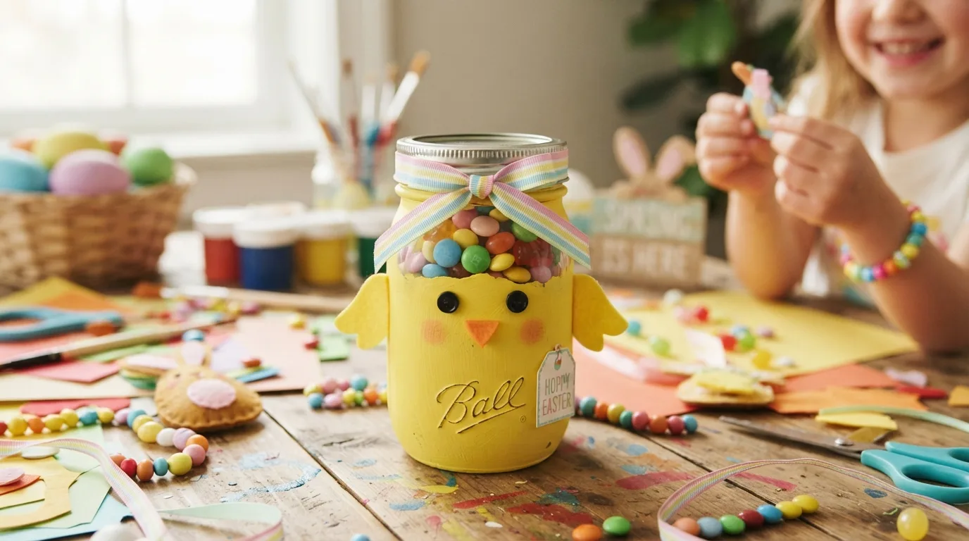 Glowing Easter bunny Mason jar lantern with pastel ribbon