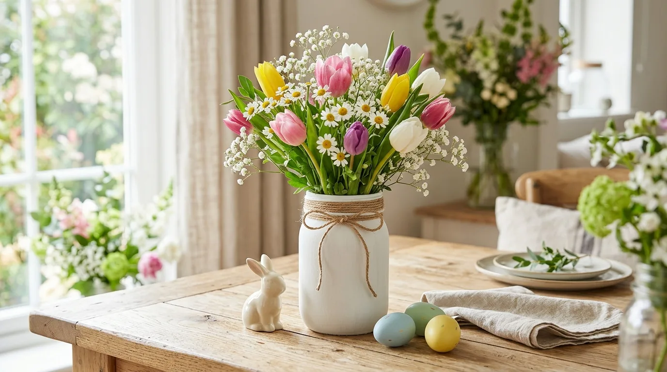 Rustic twine Easter mason jar with wooden bunny accent and farmhouse styling.