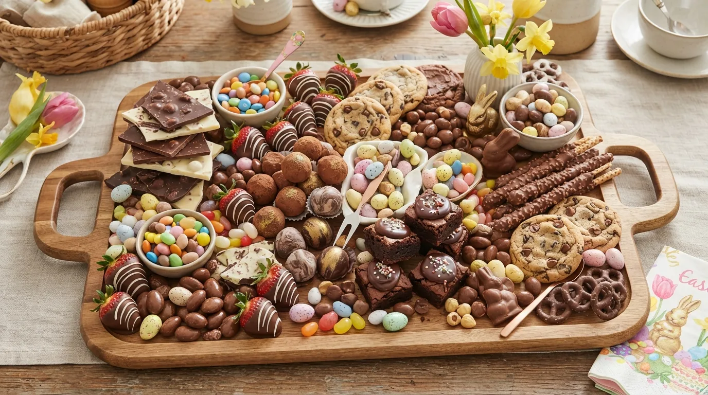 Elegant white and green Easter charcuterie board with fresh herbs