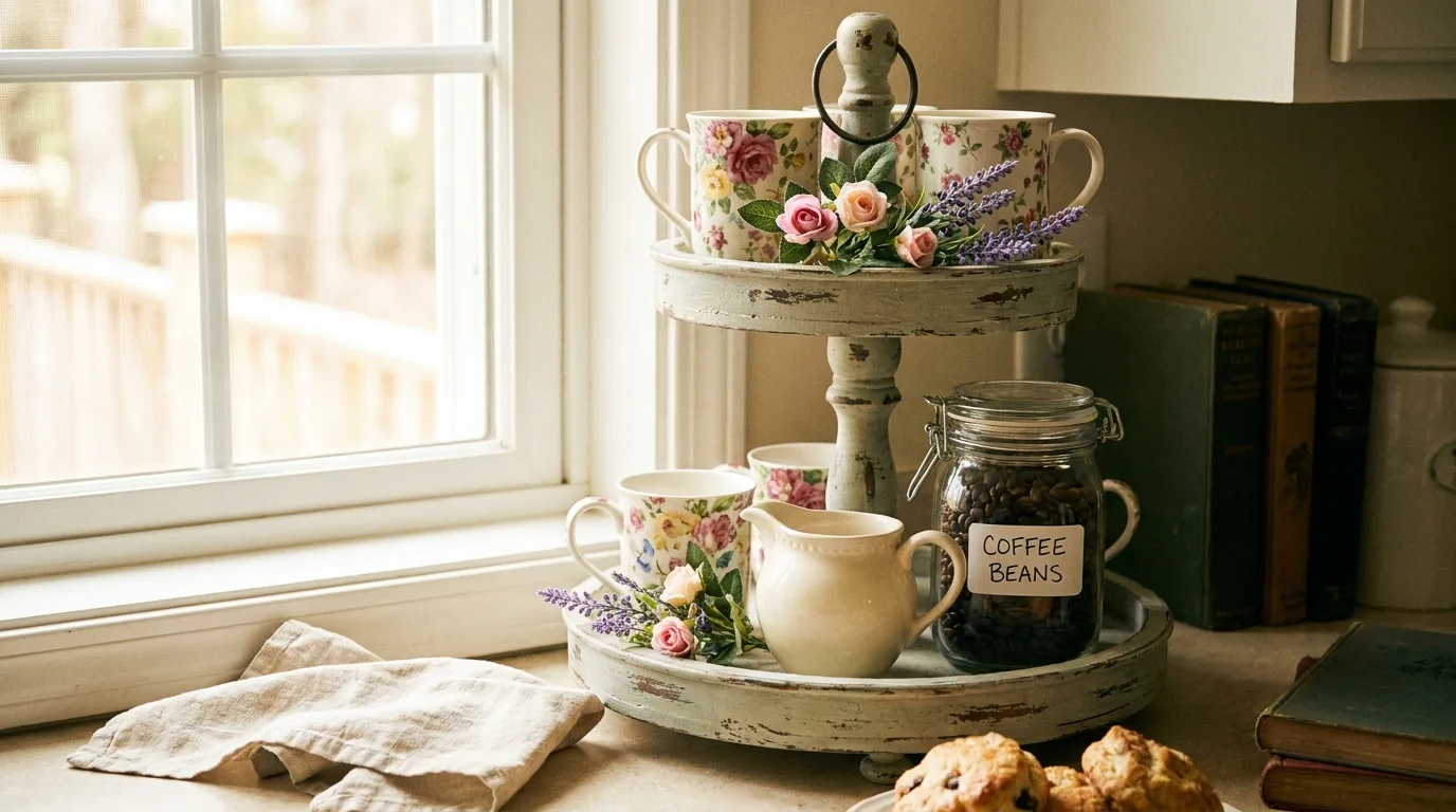 Seasonal tiered coffee tray with subtle autumn decor and everyday coffee supplies