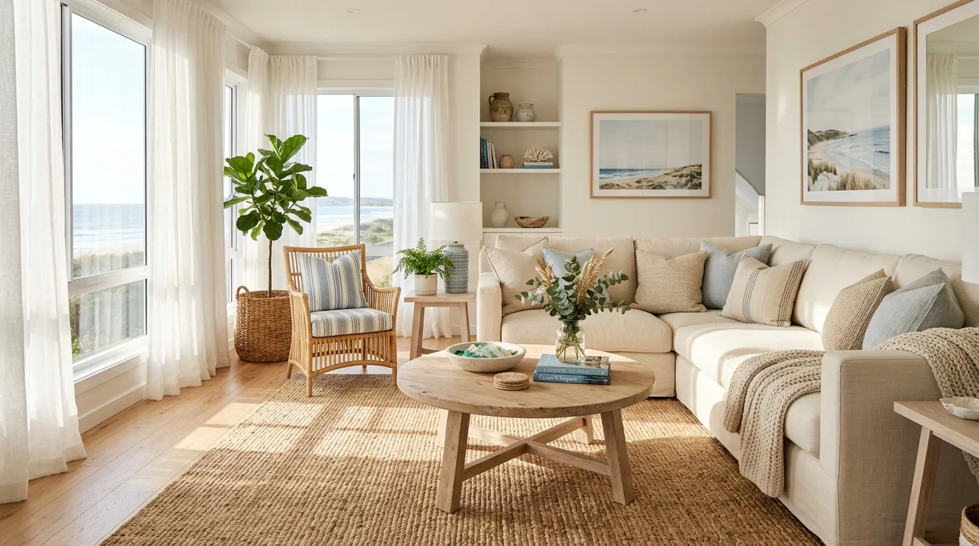 Fresh coastal living room decorated with lush green plants and natural planters