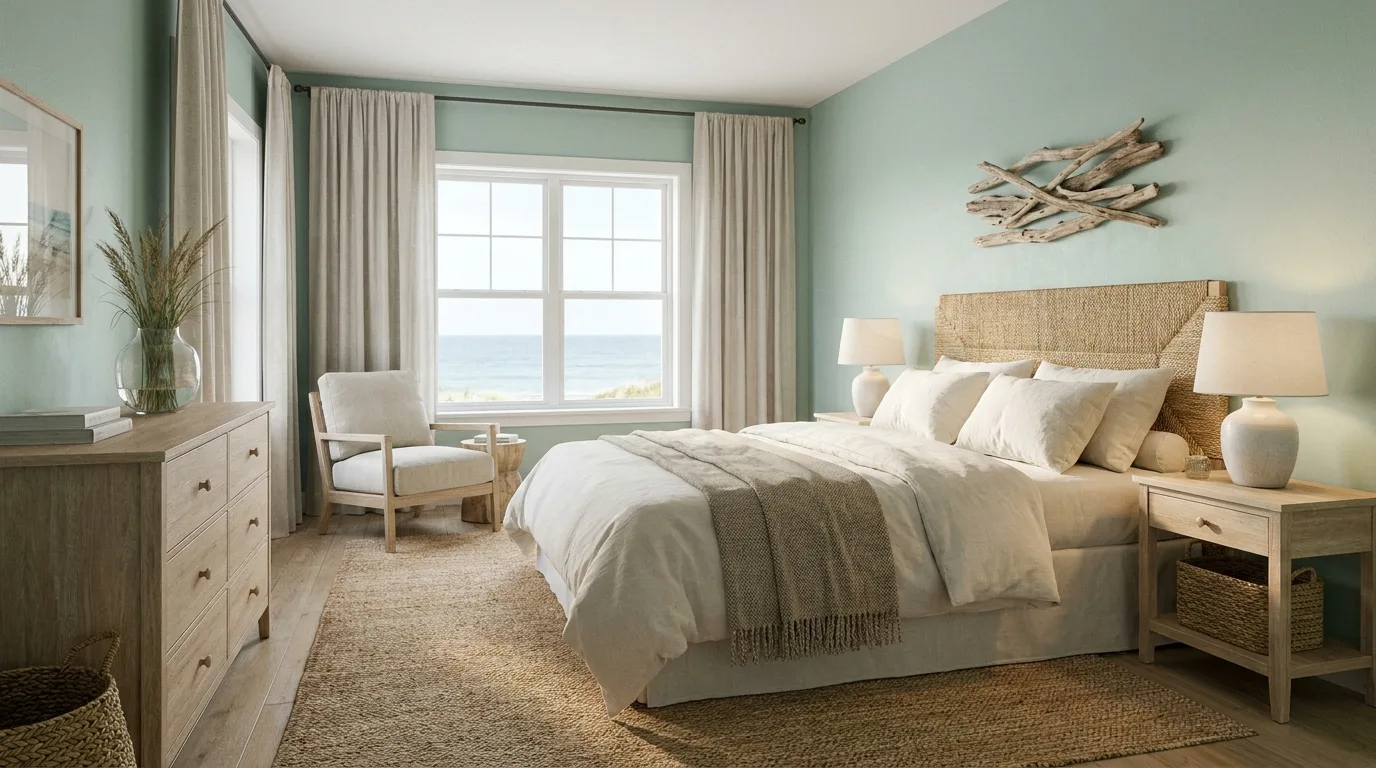 Coastal bedroom with an organic-shaped woven mirror and natural decor