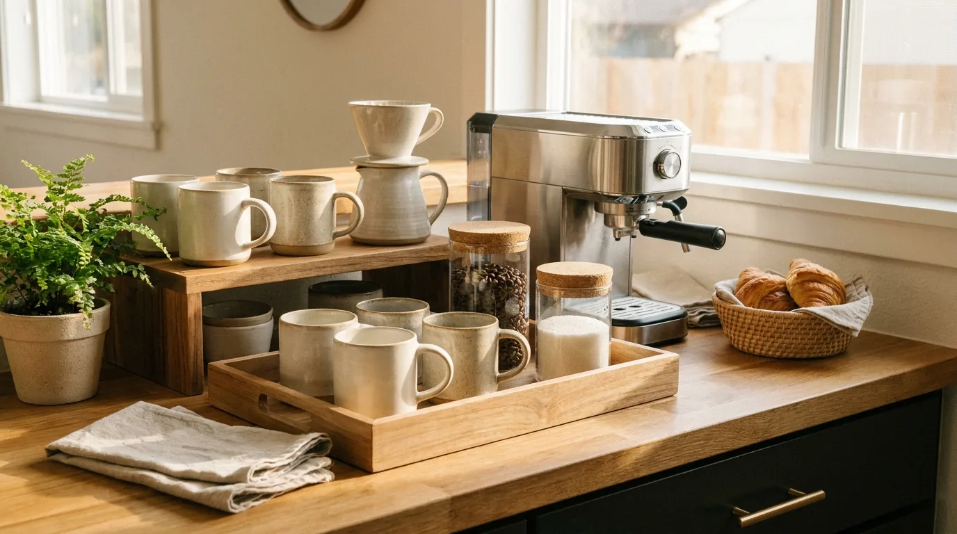 Coffee bar with clear glass canisters for beans, coffee, sugar, and cocoa