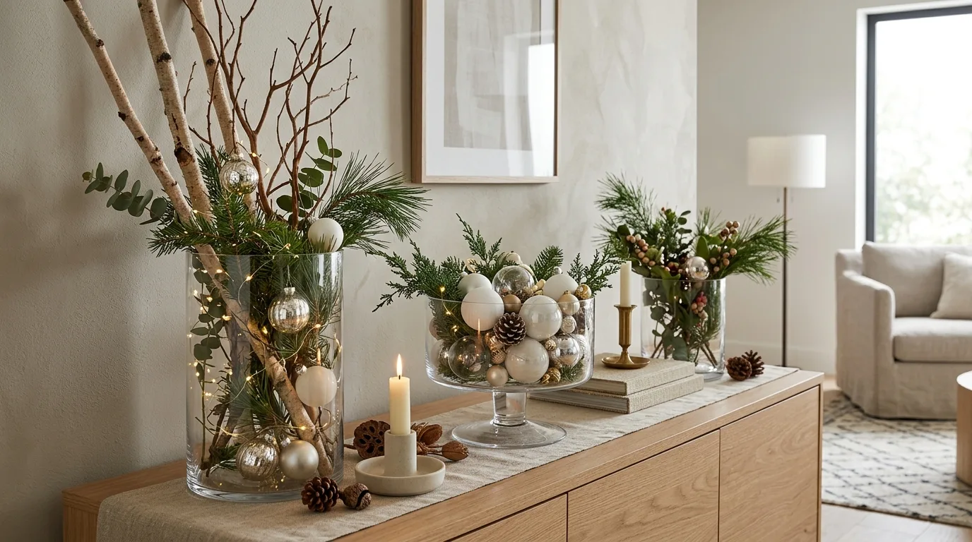 Glass vessels filled with Christmas ornaments, greenery, and warm lights in a modern home