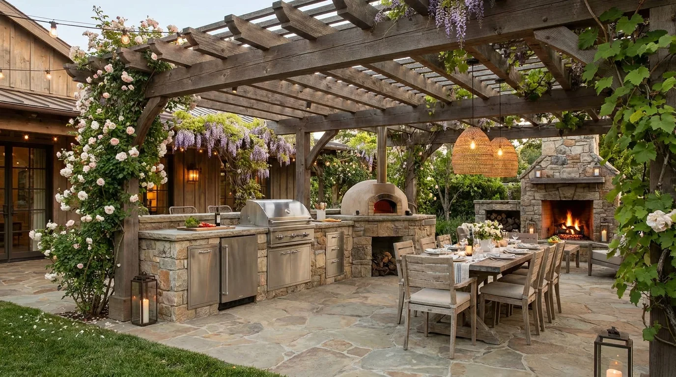 Outdoor pizza oven kitchen with preparation counter and entertaining space