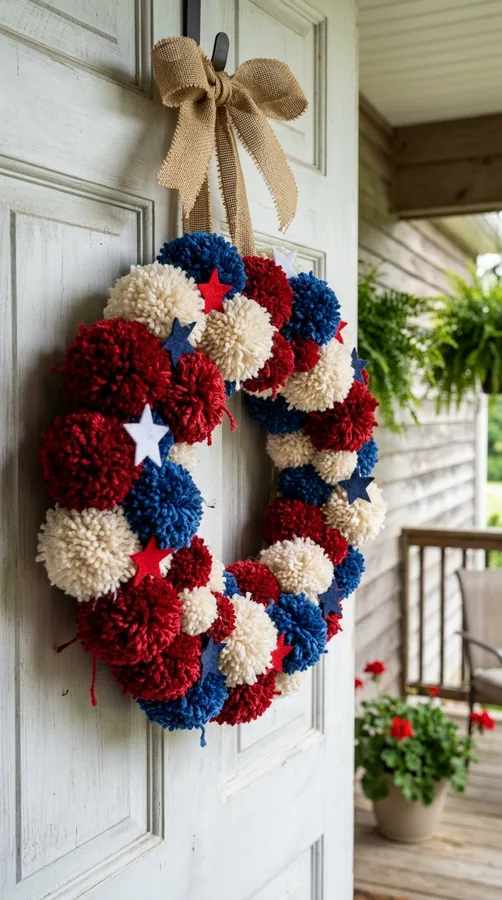 Elegant grapevine wreath with patriotic stars and summer greenery