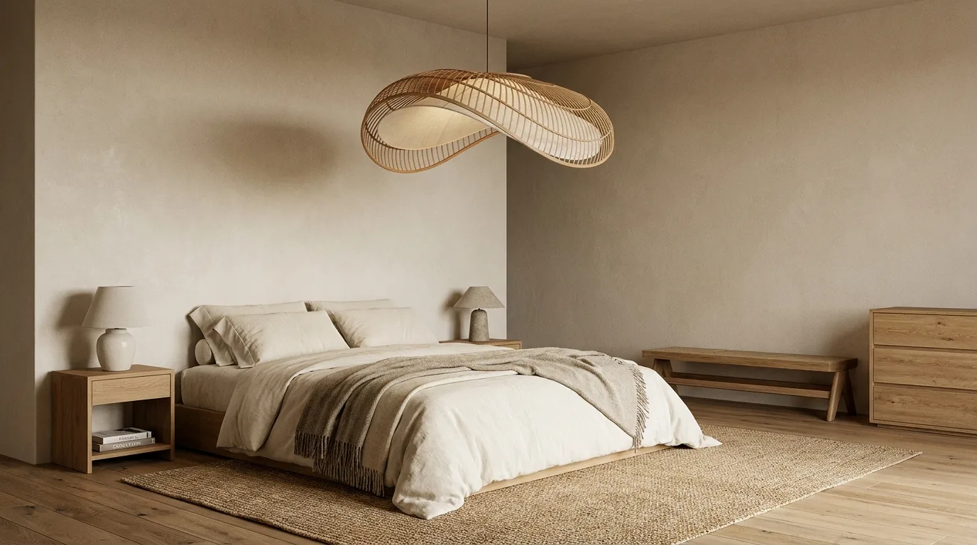Minimalist bedroom with streamlined built-in wardrobes and hidden storage