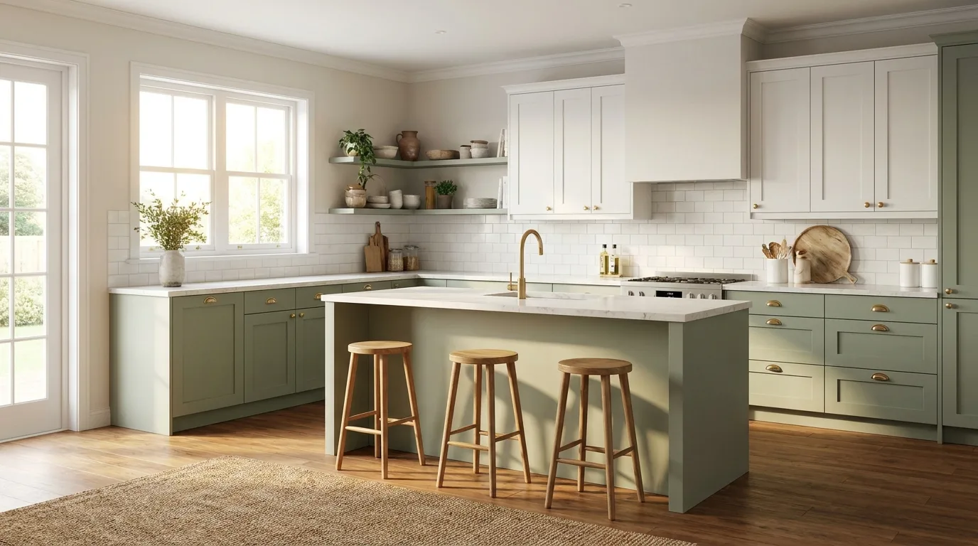 Moody deep sage green kitchen with walnut and dark stone accents