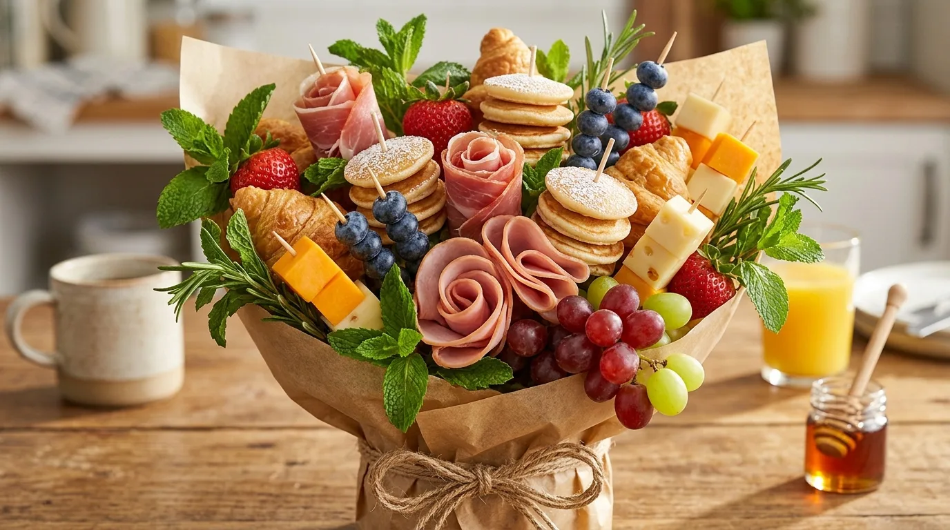 Festive holiday charcuterie bouquet with seasonal colors and ingredients