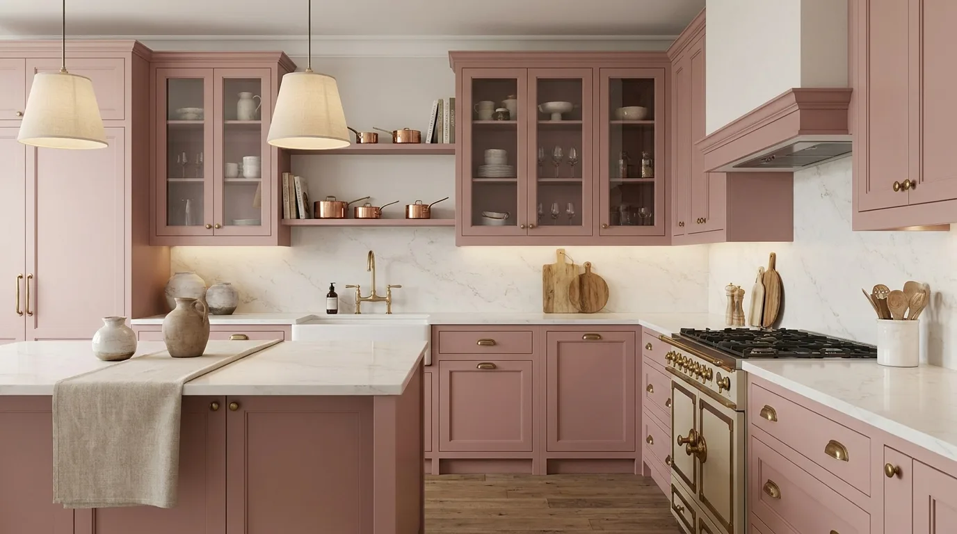 Minimalist kitchen with muted clay-pink flat-panel cabinets