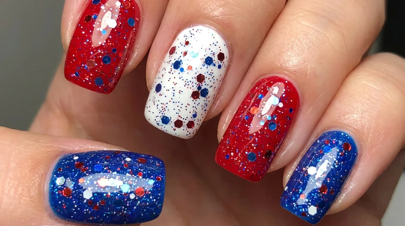 Red white and blue heart nail art