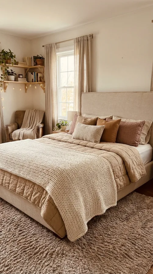 Modern neutral teen bedroom with cream colors, light wood, and layered textures