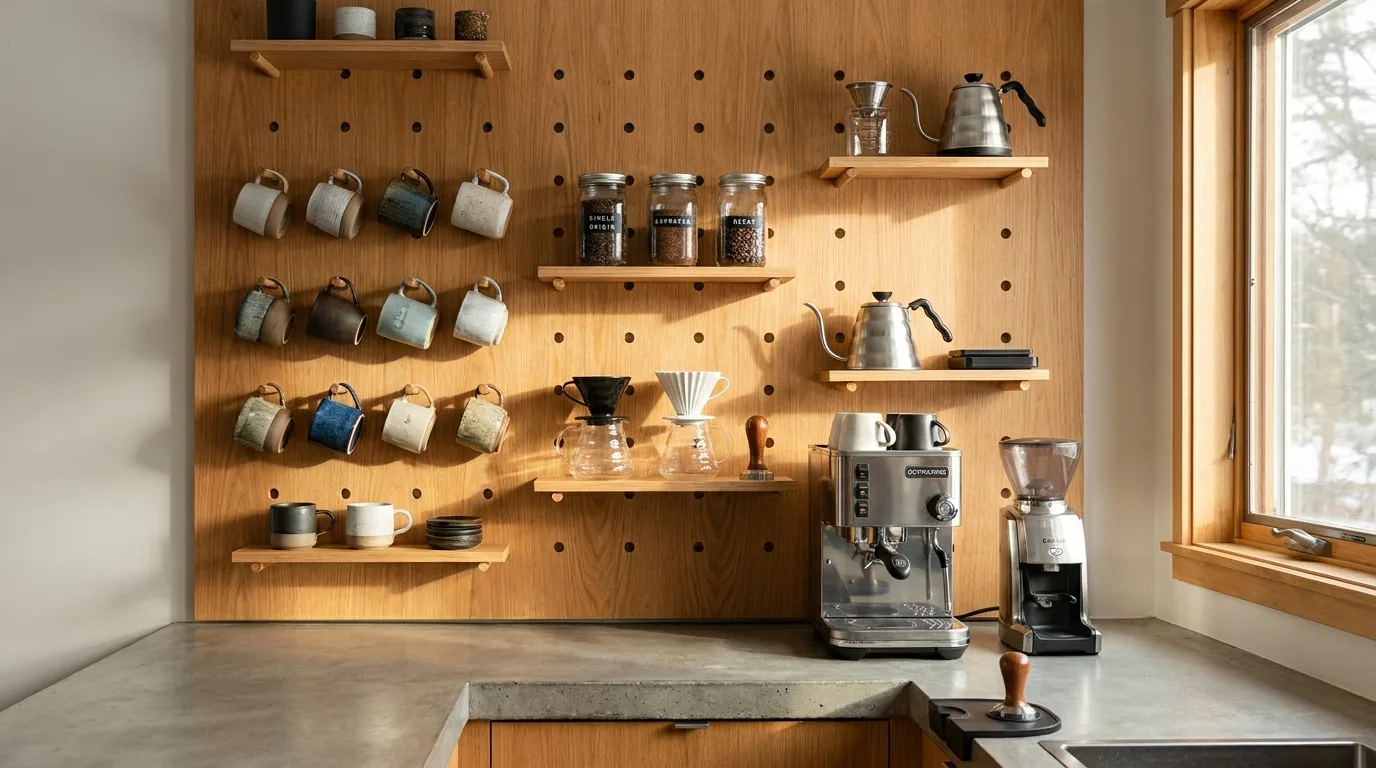 Elegant espresso station with machine, grinder, cups, and neatly arranged brewing tools