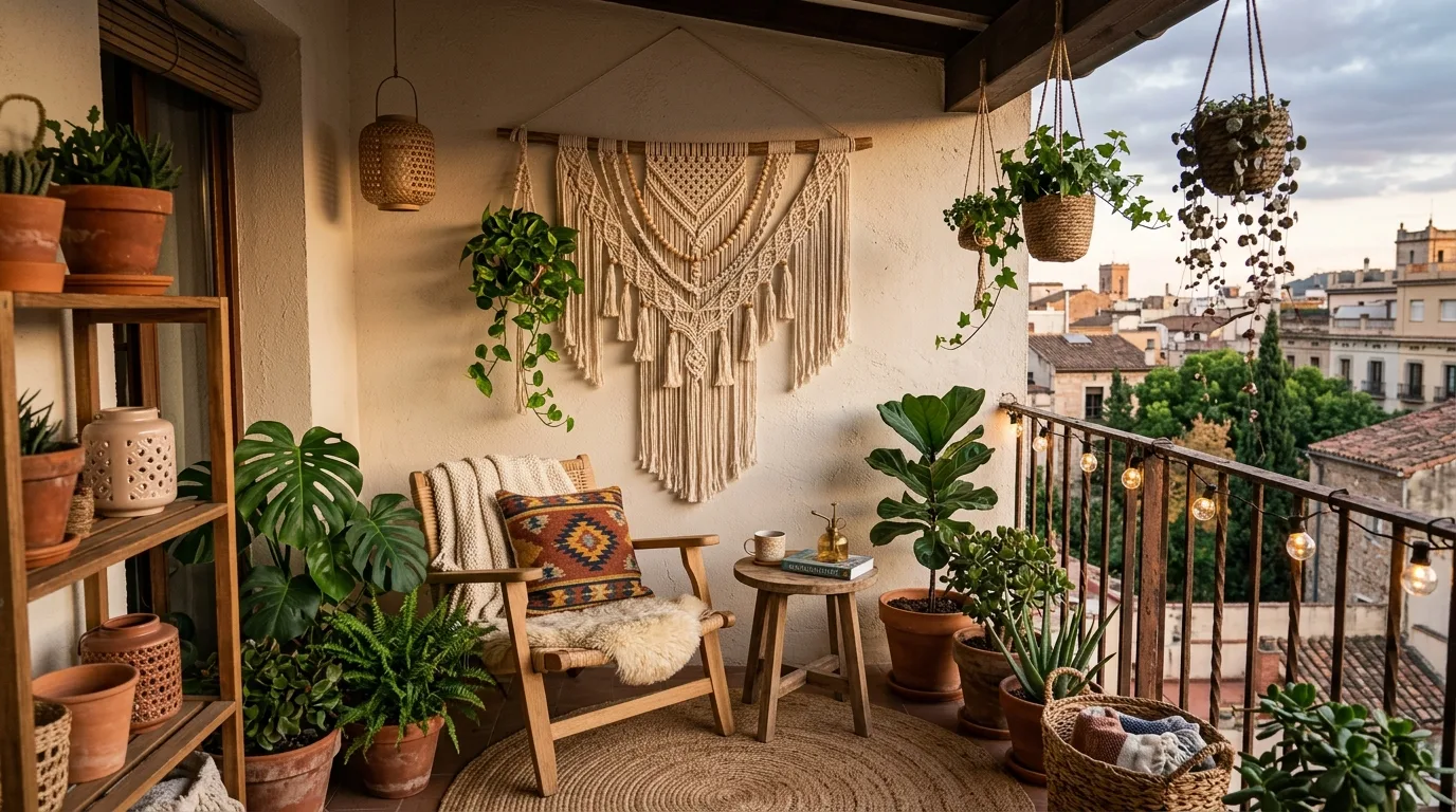 Terracotta and handmade ceramic planters on a boho balcony