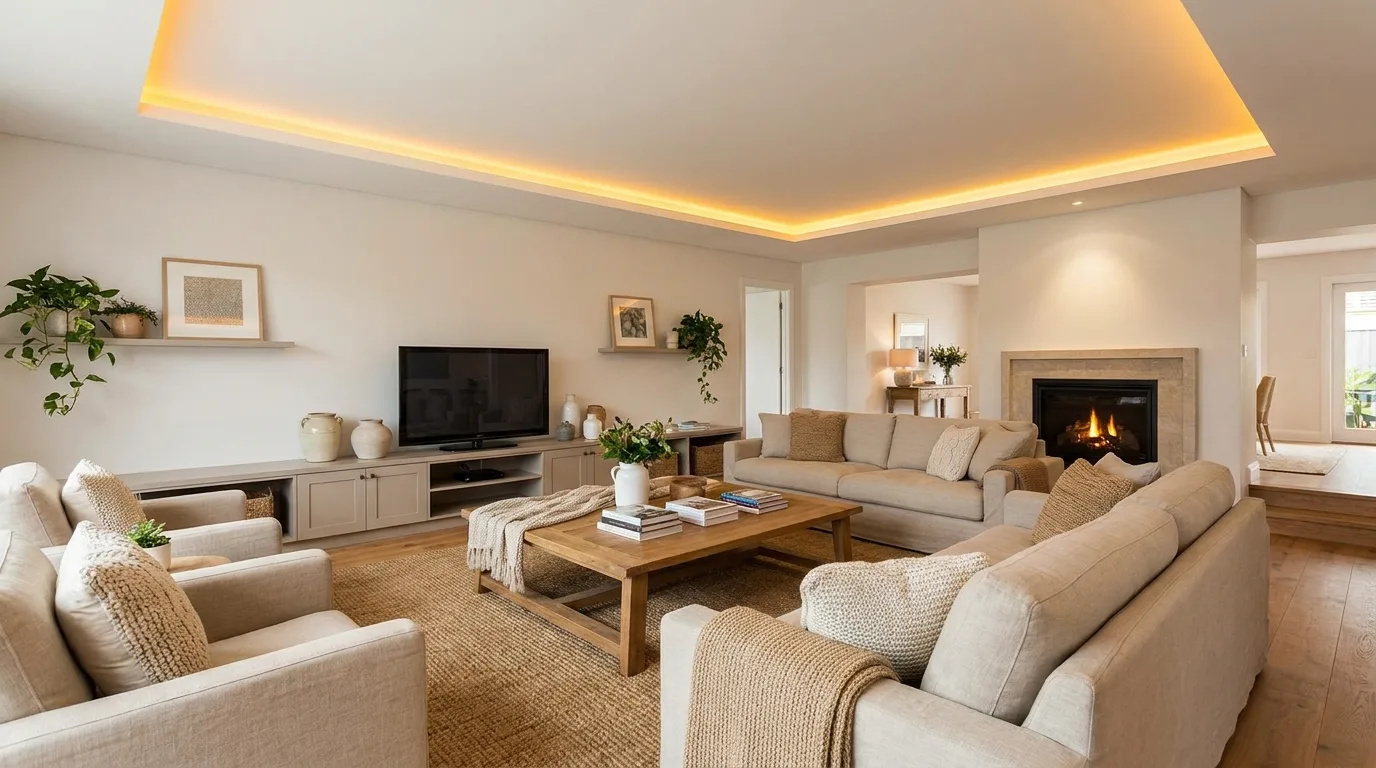 Stylish living room with a circular gypsum false ceiling and pendant light