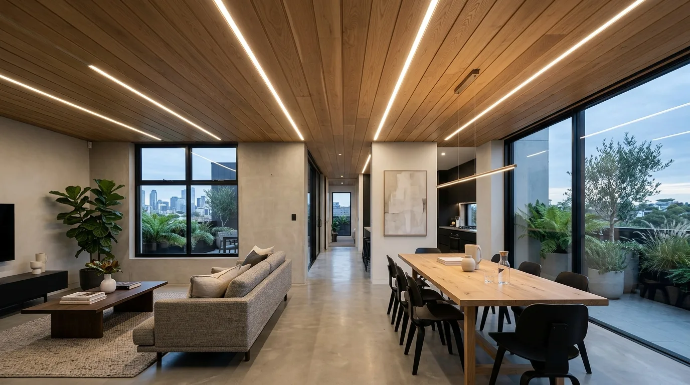Chevron-pattern wooden false ceiling with repeating V shapes