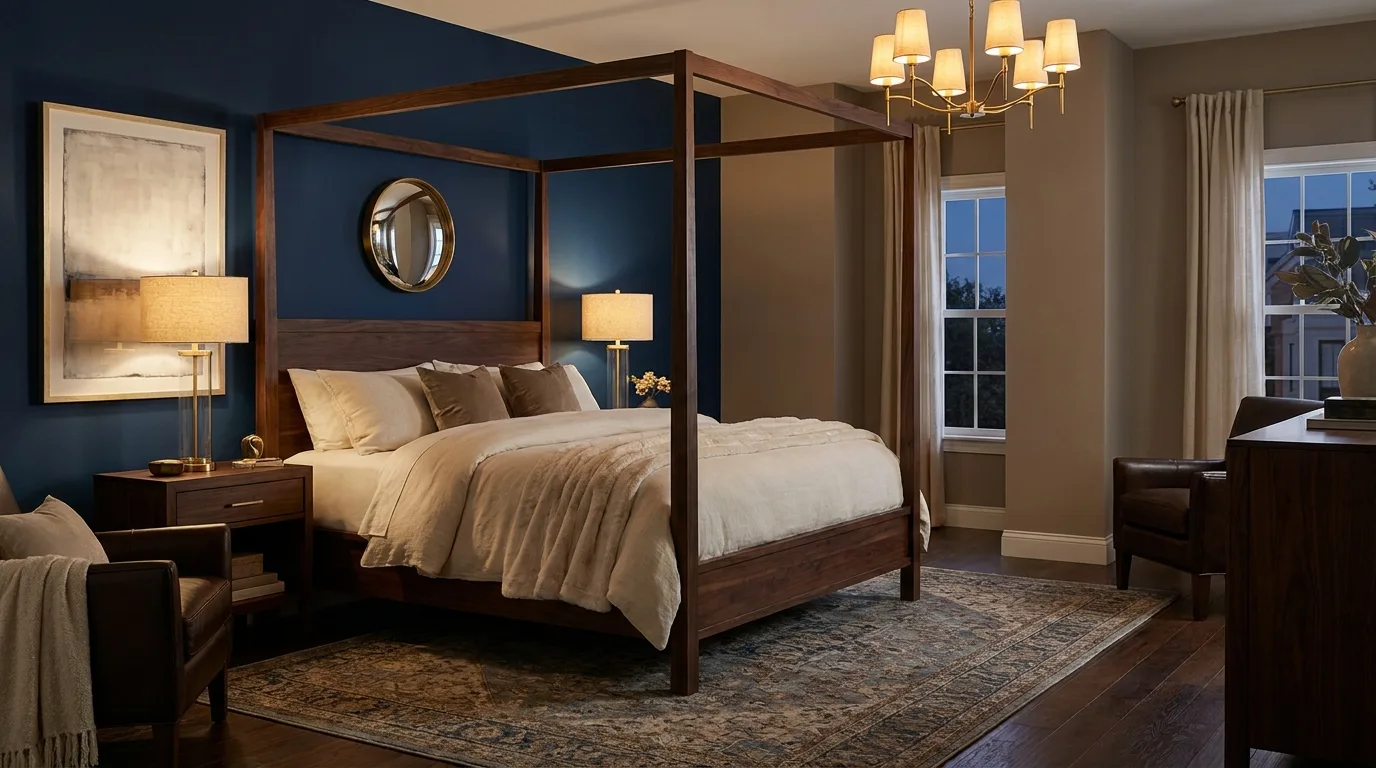 Luxurious bedroom with midnight blue and soft gold accents, cream walls, and brass lighting.