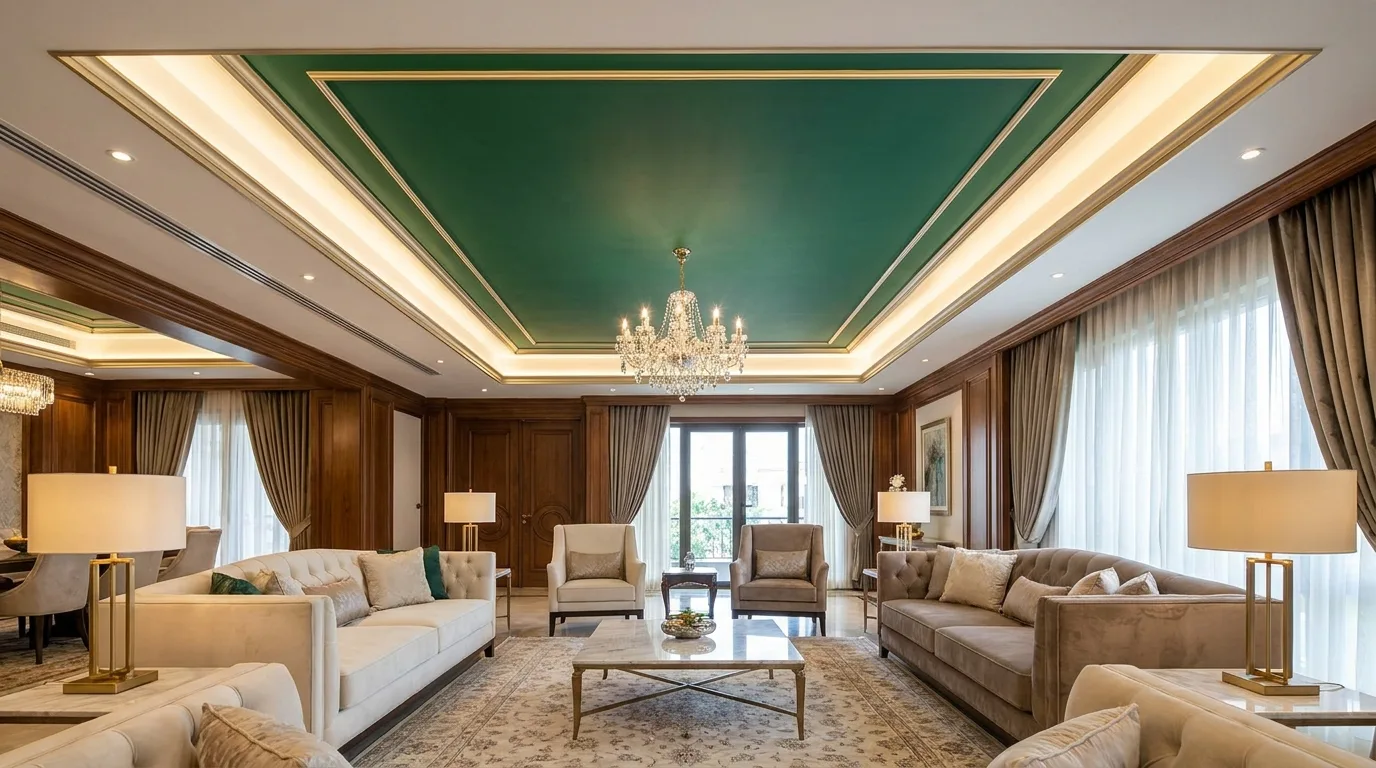 Deep green and gold accent POP ceiling in a luxury living room