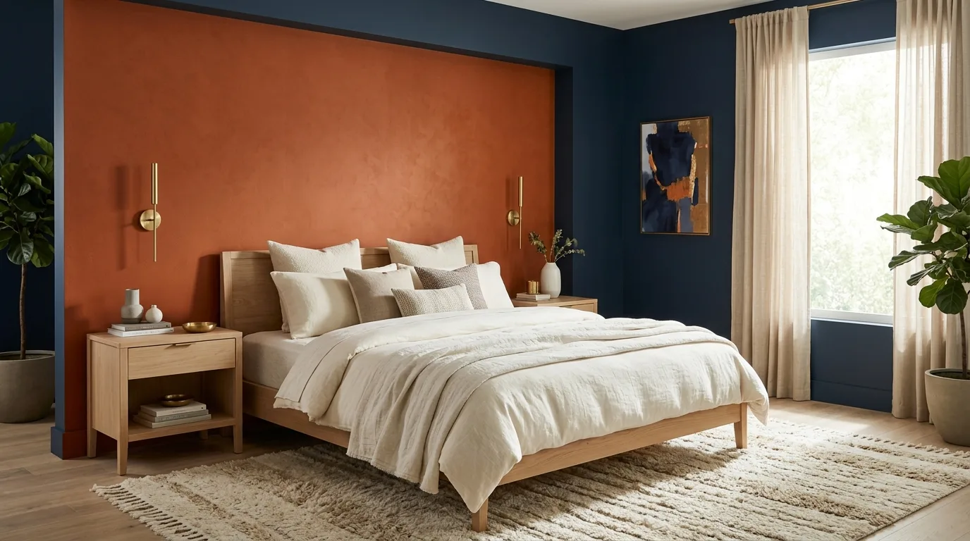 Romantic bedroom with terracotta orange and dusty pink walls