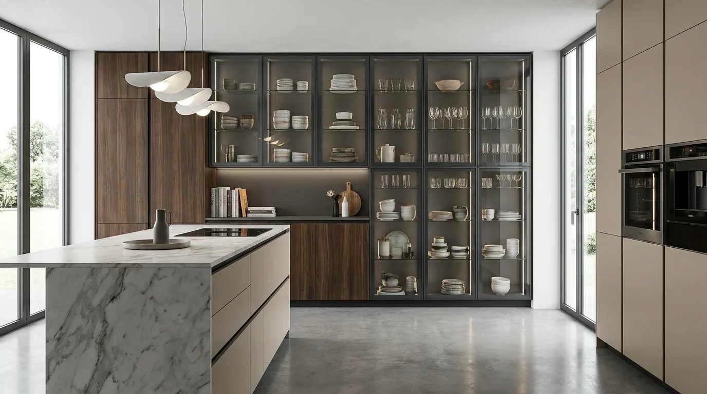 Contemporary kitchen with aluminium cabinets and stainless steel appliances