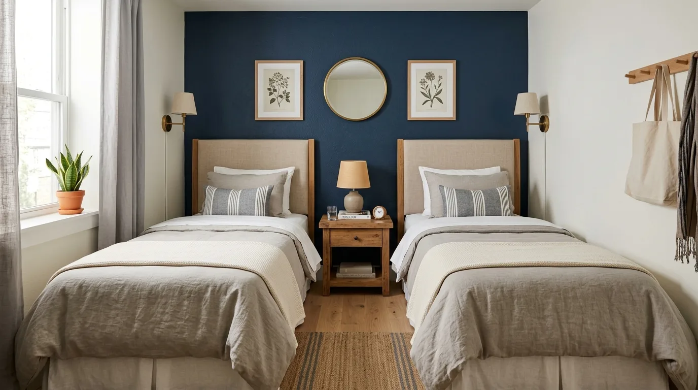 Bright small bedroom with two twin beds beneath a wide window