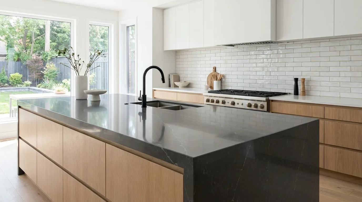 Industrial kitchen with a concrete-style gray countertop