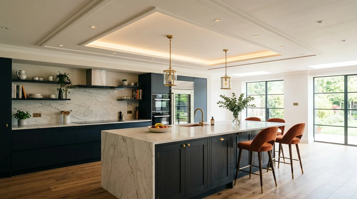 Transitional kitchen with a symmetrical coffered false ceiling