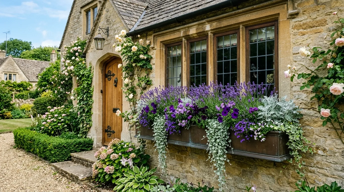 Window box with flowers and cascading trailing vines
