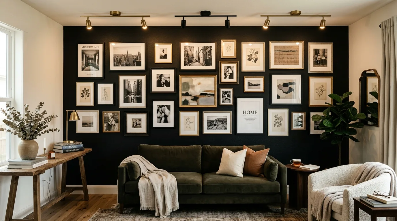 Dining room with a dramatic black accent wall