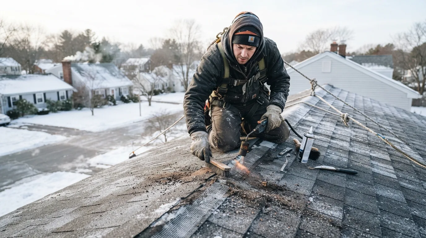 Winter roof resealing around seams and flashing